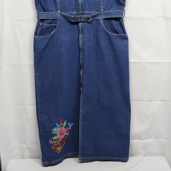 Vintage JL NY Womens Denim Midi Dress XL Sleeveless Zip Up Floral Embroidered - Picture 3 of 16